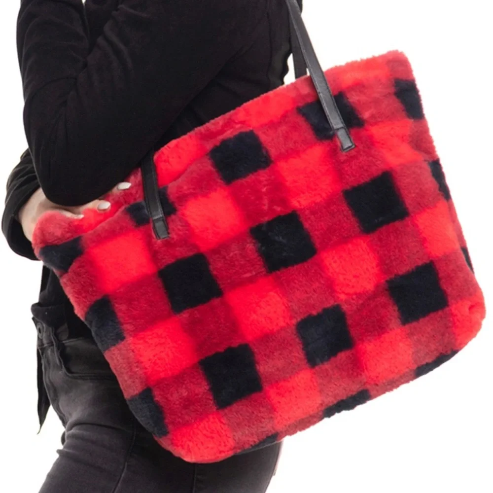 Faux Fur Black and Red Buffalo Plaid Zipper Tote Bag - Picture 1 of 13